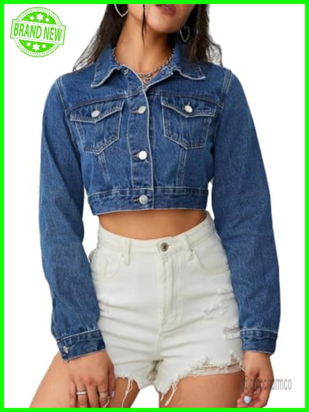 Cropped Denim Jacket Button Down Long Sleeve Casual Jean Coat